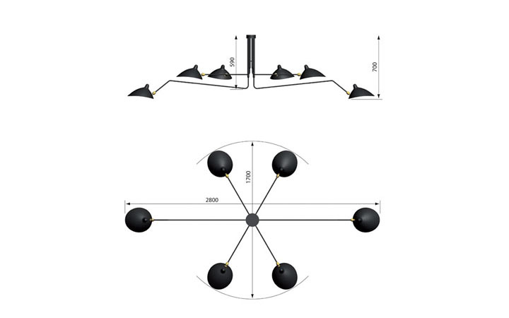 6 Arms Ceiling Lamp by Serge Mouille Pendant Lamps